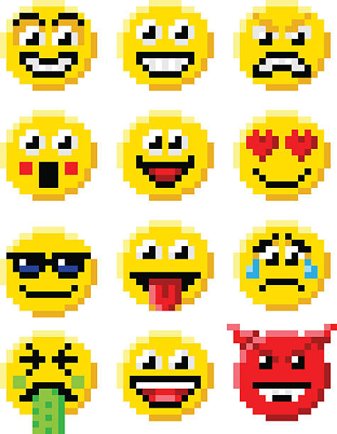 пиксель искусства emoji смайлик набор - pixelated people retro revival video game stock illustrations