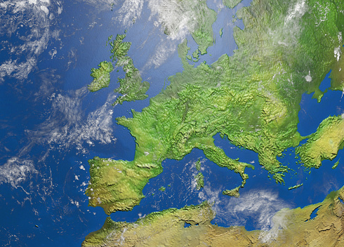 3D Render of a Topographic Map of the World in Eckert III Projection. \nAll source data is in the public domain.\nColor and Water texture: Made with Natural Earth. \nhttp://www.naturalearthdata.com/downloads/10m-raster-data/10m-cross-blend-hypso/\nhttp://www.naturalearthdata.com/downloads/110m-physical-vectors/\nRelief texture: GMTED 2010 data courtesy of USGS. URL of source image: \nhttps://topotools.cr.usgs.gov/gmted_viewer/viewer.htm