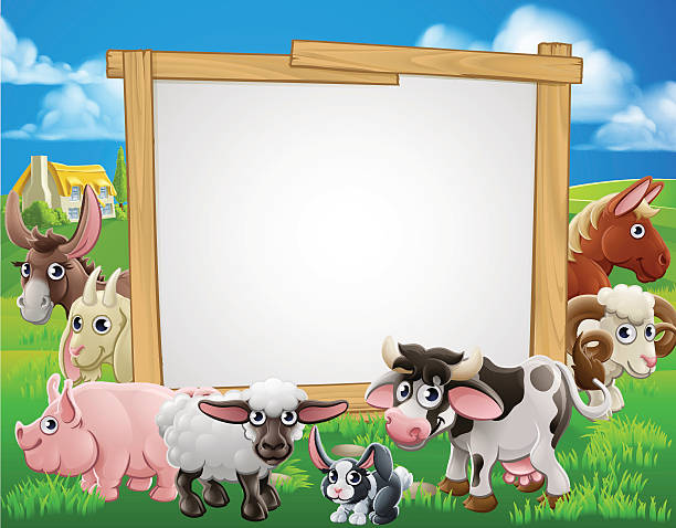 Farm Animals Cartoon Sign Farm cartoon sign with cute animals around a signboard petting zoo stock illustrations