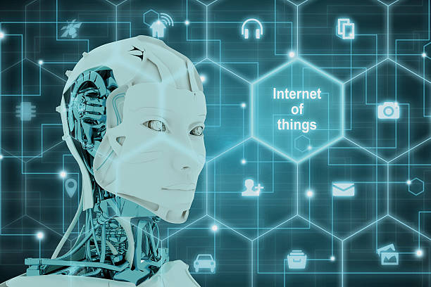 istock Internet of things concept with a female robot head 614345664