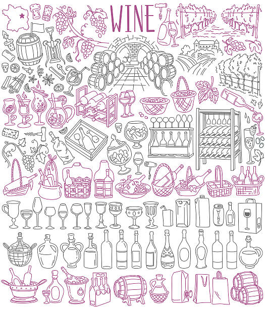 와인 도면 컬렉션 - branch glass wine berry fruit stock illustrations