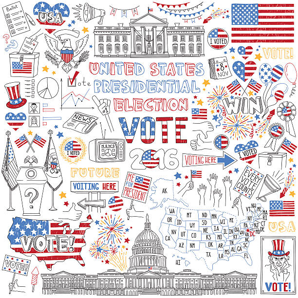 ilustraciones, imágenes clip art, dibujos animados e iconos de stock de 2016 ee.uu. presidente elección conjunto dibujado a mano. - map usa election cartography