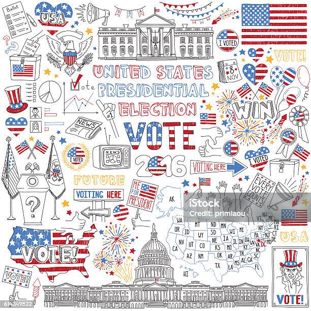 2016 Usa President Election Hand Drawn Set Stock Illustration - Download Image Now - Voting, American Flag, Drawing - Art Product