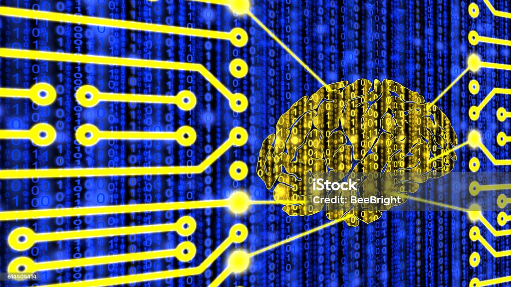 Artificial intelligence concept digital brain connected to circu Artificial intelligence concept yellow digital brain connected to circuit in front of blue datastream background Advice Stock Photo