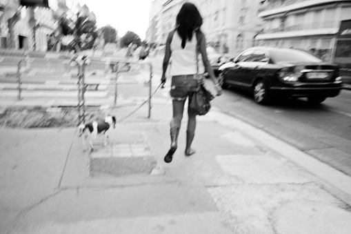 Nice, France - July 29, 2015: Young  woman leading a dog and walking along the Promenade des Anglais in Nice, France.