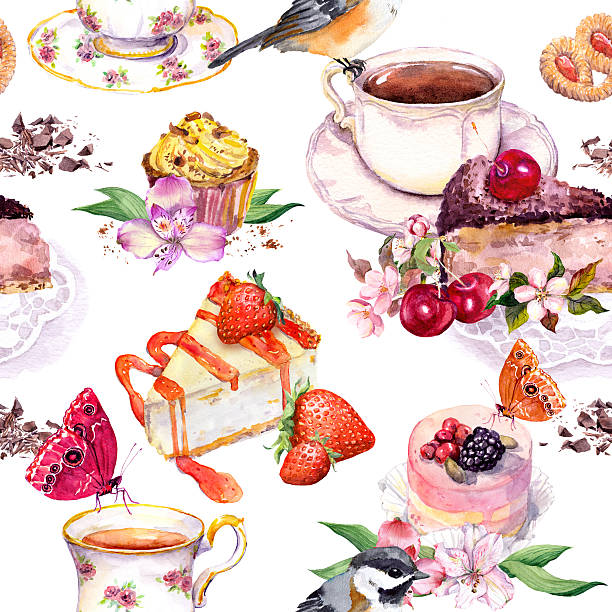 ilustraciones, imágenes clip art, dibujos animados e iconos de stock de patrón de té - flores, taza de té, pasteles, pájaro. acuarela de alimentos. inconsútil - flower cherry cup tea