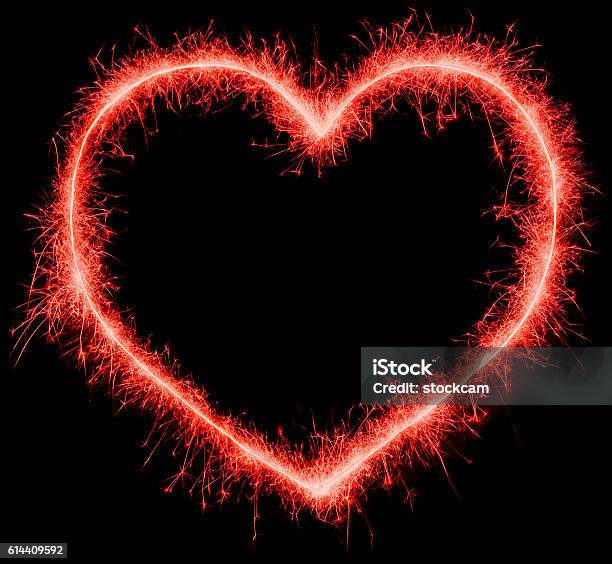 Red Sparklers Glowing Heart On Black Stock Photo - Download Image Now - Heart Shape, Firework - Explosive Material, Firework Display