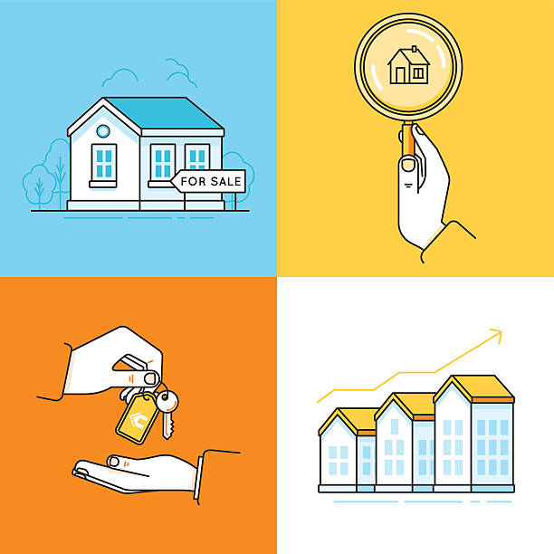 Real estate concepts - houses for sale Vector set of linear icons and infographic design elements - real estate concepts - houses for sale - process of purchasing property with agent and investing money in property loan illustrations stock illustrations