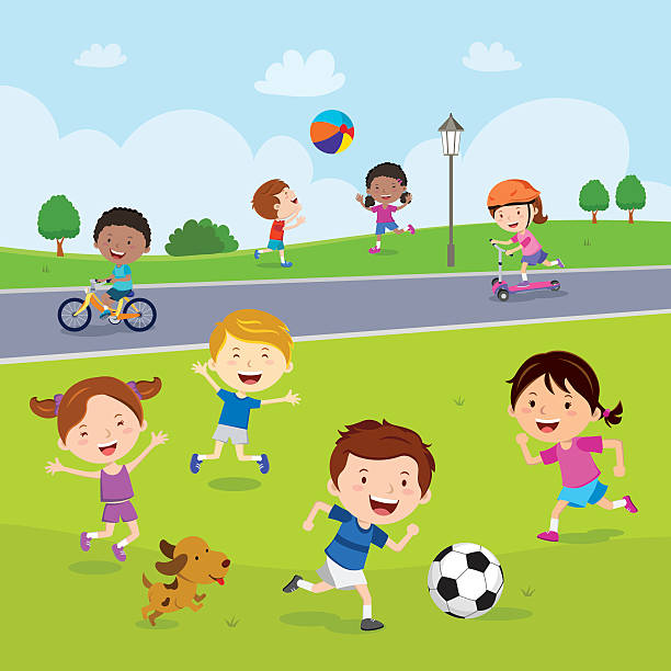 Children fun in the park Vector illustration of happy kids playing and having outdoors activities. boys soccer stock illustrations