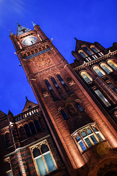 밤에 리버풀 빅토리아 빌딩 대학 - clock clock tower built structure brick 뉴스 사진 이미지