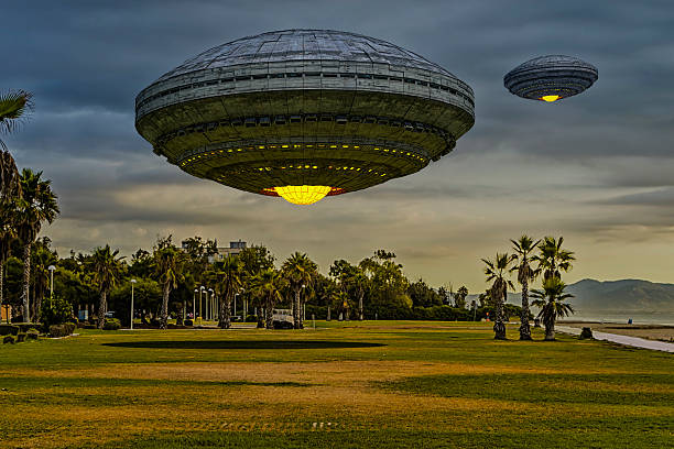 istock 3d render. Futuristic spaceship UFO 614418980