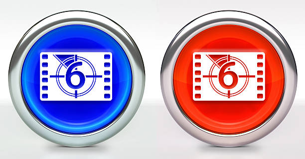 Movie Countdown Icon on Button with Metallic Rim. The icon comes in two versions blue and red and has a shiny metallic rim. The buttons have a slight shadow and are on a white background. The modern look of the buttons is very clean and will work perfectly for websites and mobile aps.