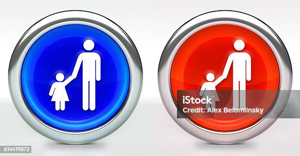 Father Daughter Icon On Button With Metallic Rim Stock Photo - Download Image Now - At The Edge Of, Blue, Child