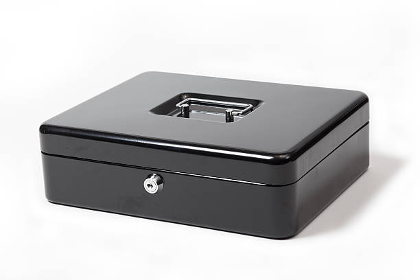 istock Black metal safe box on white background 614420464