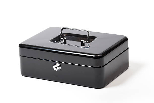 istock Black metal safe box on white background 614420532