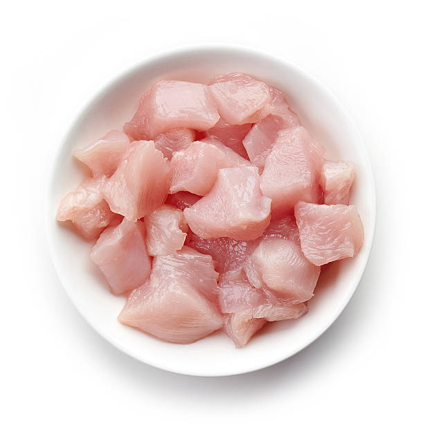istock Raw cut chicken fillet in white bowl, from above 614421798
