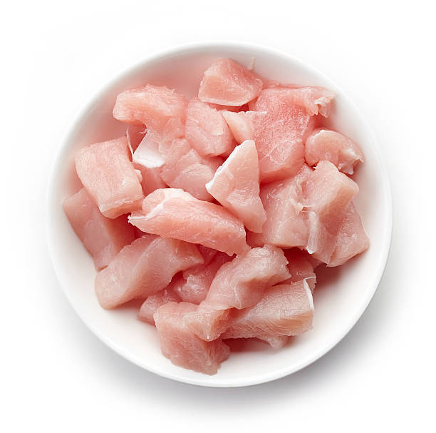 istock Raw cut meat chunks in bowl, from above 614421818