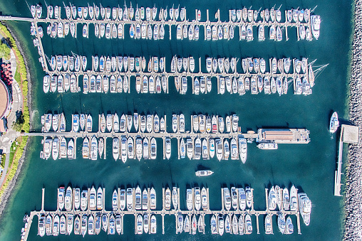 Aerial view of boats moored at the Smith Cove Marina near Seattle Washington
