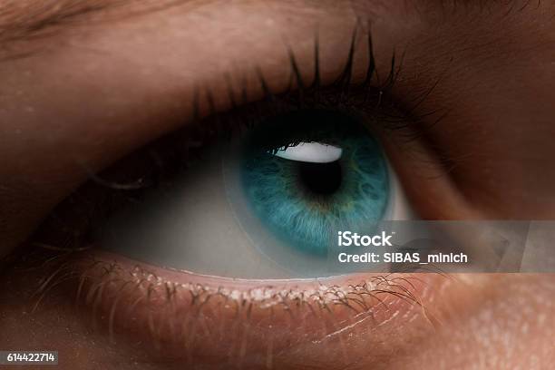 Woman Eye With Contact Lens Applying Macro Blue Dilated Pupil Stock Photo - Download Image Now