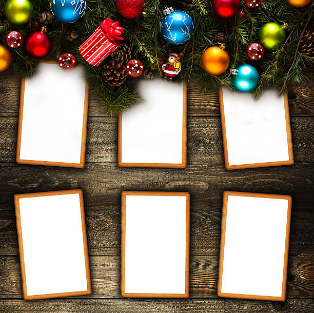 istock Merry Christmas Frame with real wood and colorful baubles 614426422