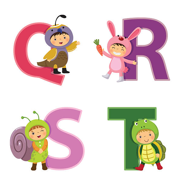 alfabet angielski z dziećmi w kostiumie zwierzęcym - education learning preschool letter q stock illustrations