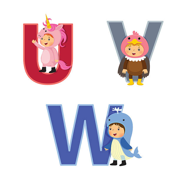 English alphabet with kids in animal costume English alphabet with kids in animal costume, U to W letters letter u with words stock illustrations