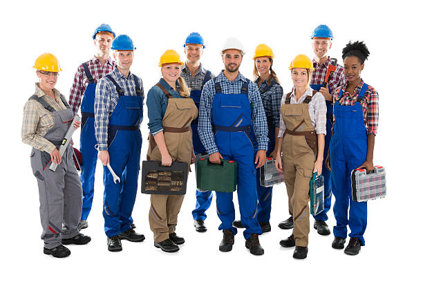 portrait of confident carpenters carrying toolboxes - manual worker full length isolated on white standing imagens e fotografias de stock
