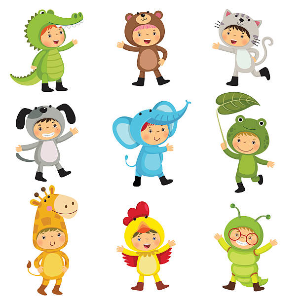 set of cute kids wearing animal costumes - tavuk kostümü stock illustrations