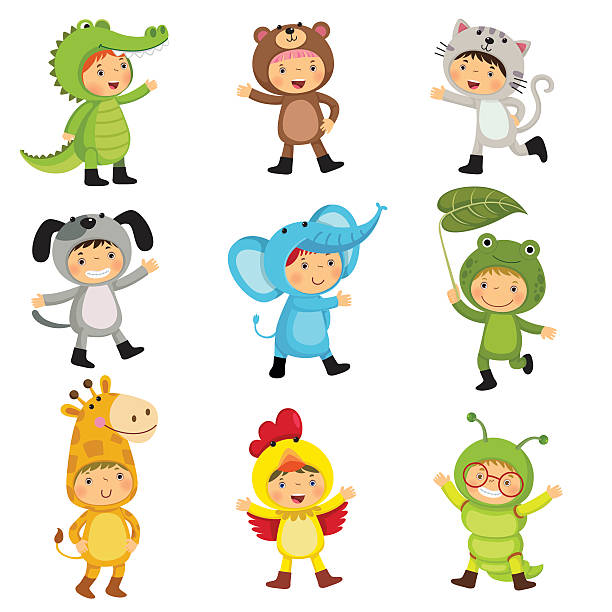 Set of cute kids wearing animal costumes Set of cute kids wearing animal costumes. Alligator, bear, cat, dog, elephant, frog, giraffe, hen, inchworm. kid animal costume stock illustrations