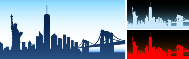 illustrazioni stock, clip art, cartoni animati e icone di tendenza di sfondo orizzontale panoramico dello skyline di new york - new york city panoramic statue of liberty skyline
