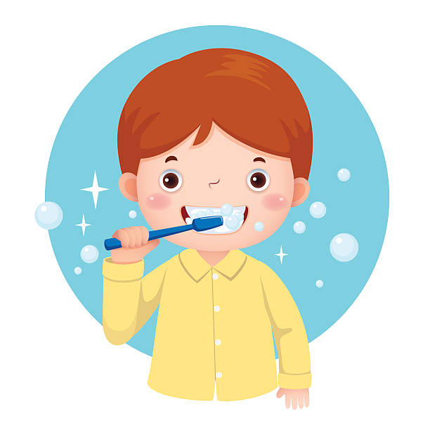 ilustraciones, imágenes clip art, dibujos animados e iconos de stock de chico lindo cepillándose los dientes - child human teeth brushing teeth dental hygiene