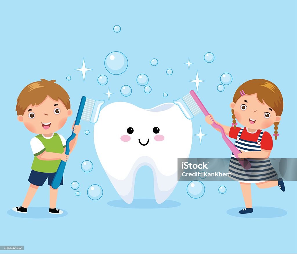 Menino e menina escovando dente branco - Vetor de Criança royalty-free