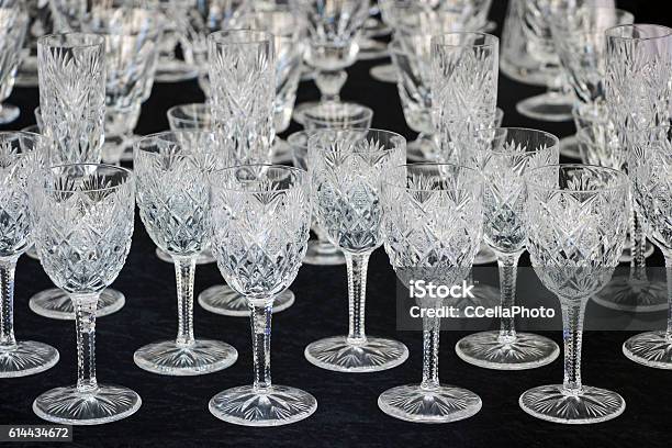 Wineglasses On Black Table Stock Photo - Download Image Now - Crystal Glassware, Crystal, Drinking Glass