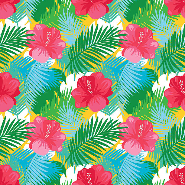 Tropical leaves pattern with flowers. Summer exotic floral palm and jungle leaves pattern background. Vector illustration. tree repetition single flower flower stock illustrations