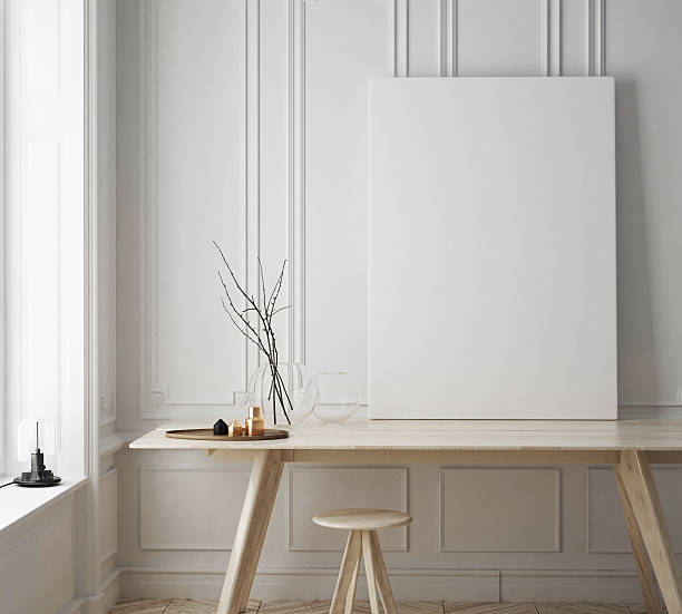 maketa plakátového rámu v hipsterské místnosti, interiér ve skandinávském stylu - severský původ europoidní rasa fotky - stock snímky, obrázky a fotky