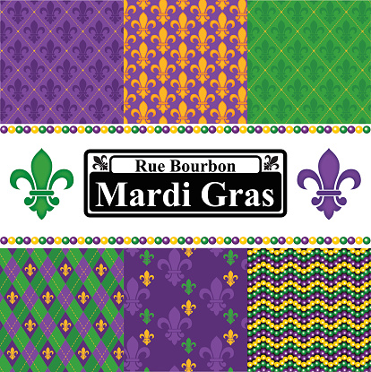 A collection of seamless vector patterns in a Mardi Gras theme. Six seamless patterns included, plus a 
