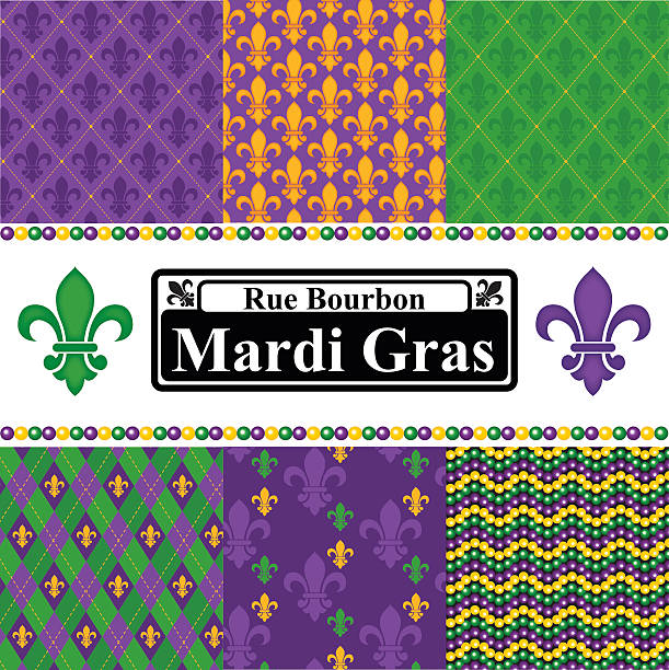 A collection of seamless vector patterns in a Mardi Gras theme. Six seamless patterns included, plus a "Mardi Gras" street sigh, two rows of Mardi Gras beads and two Fleur de Lis. An unflattened AI file is included which features the pattern swatches and brushes. Objects are grouped and layered for easy editing.