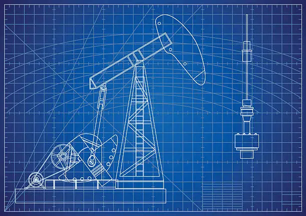 Vector illustration of Oil Pump Jack Blueprint. Oil and Gas Production Facilities