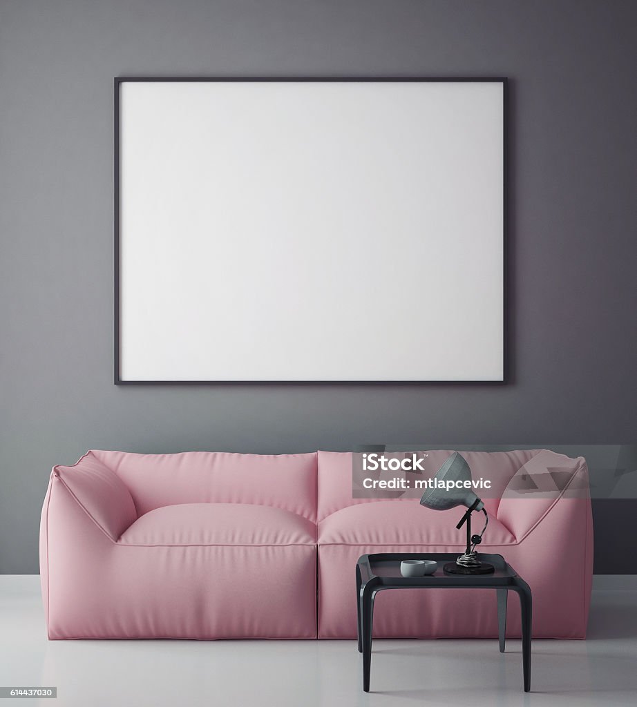 mock up blank poster on the wall hipster living room mock up blank poster on the wall of hipster living room, 3D rendering, 3D illustration Advice Stock Photo