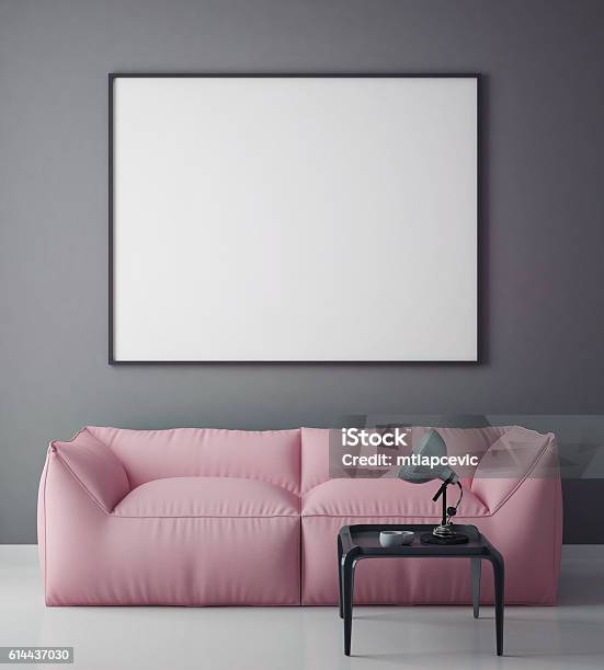 Mock Up Blank Poster On The Wall Hipster Living Room Stock Photo - Download Image Now