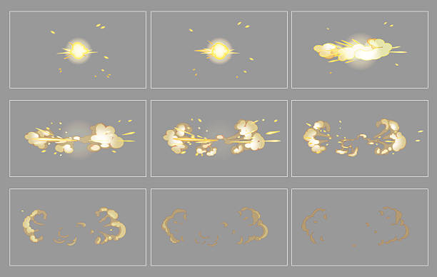 ilustraciones, imágenes clip art, dibujos animados e iconos de stock de fotogramas de animación de efectos especiales de explosión lateral de niebla - fireball flame fire bomb