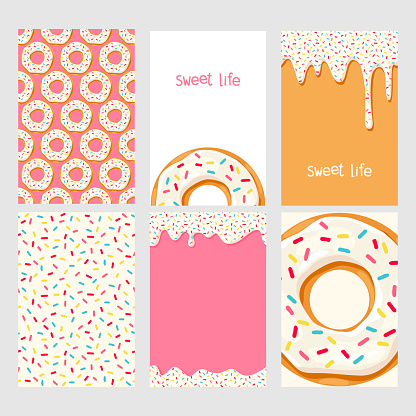Set of bright food cards. Set of donuts with pink glaze. Donut seamless pattern.Donut background. Donut card.Donut poster. Donut's glaze pattern. Donut's glaze background Template for design