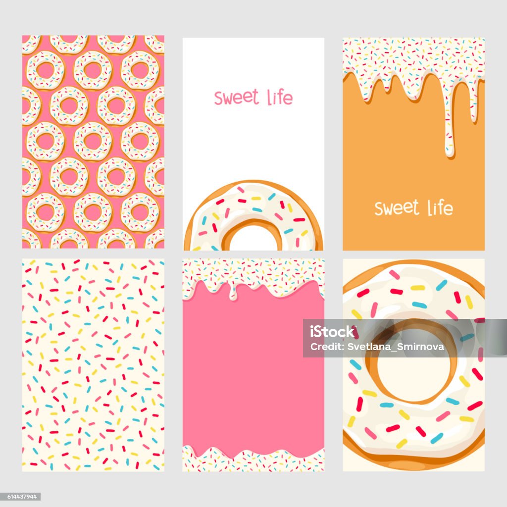 Set of donuts with pink glaze Set of bright food cards. Set of donuts with pink glaze. Donut seamless pattern.Donut background. Donut card.Donut poster. Donut's glaze pattern. Donut's glaze background Template for design Candy stock vector