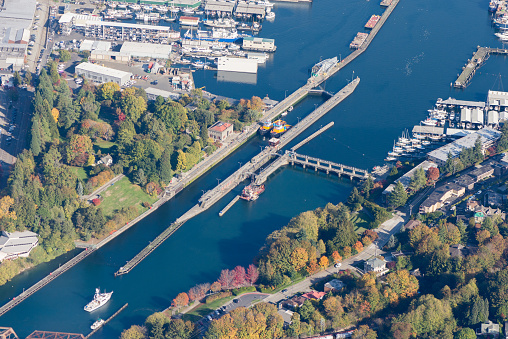 Seattle, Washington, USA - October 12, 2016: Seattle, Washington, USA - October 12, 2016, An aerial view of the Hiram M. Chittenden - Ballard Locks on an autumn afternoon