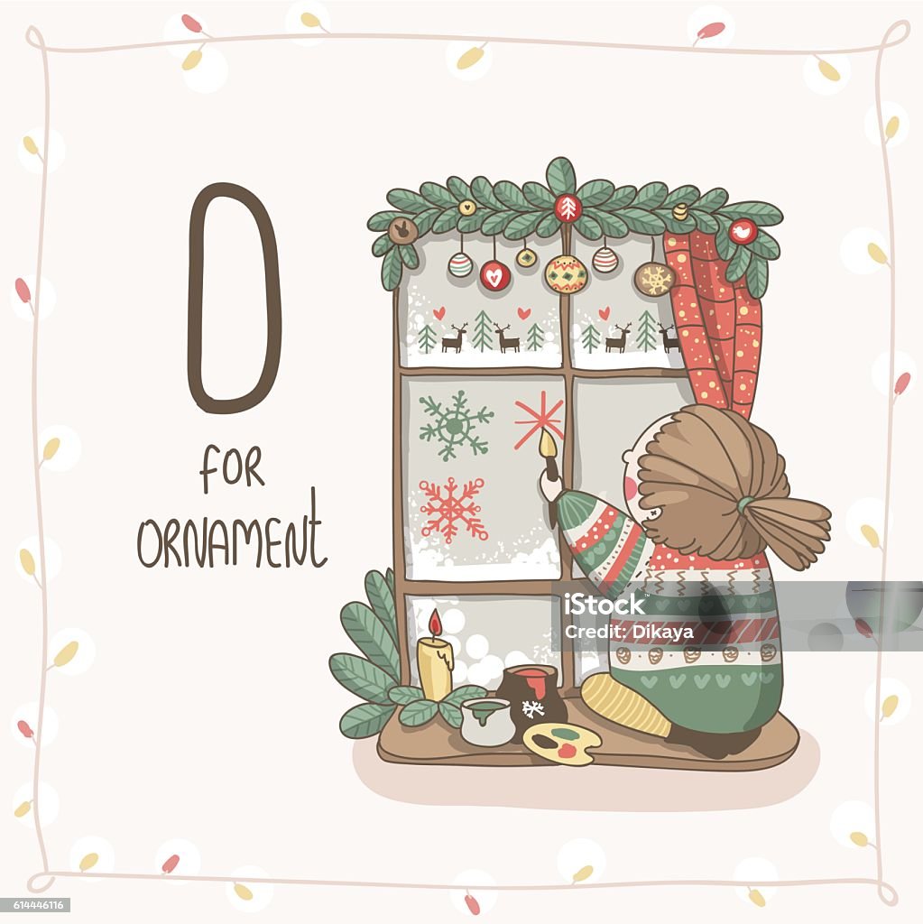 Cute vector Alphabet Christmas. Letter O - Ornament Cute vector Alphabet Christmas. Letter O - Ornament. Cute girl in sweater painting a snowflakes and deers on the window, isolated on the light background. Christmas greeting card.    Alphabet stock vector