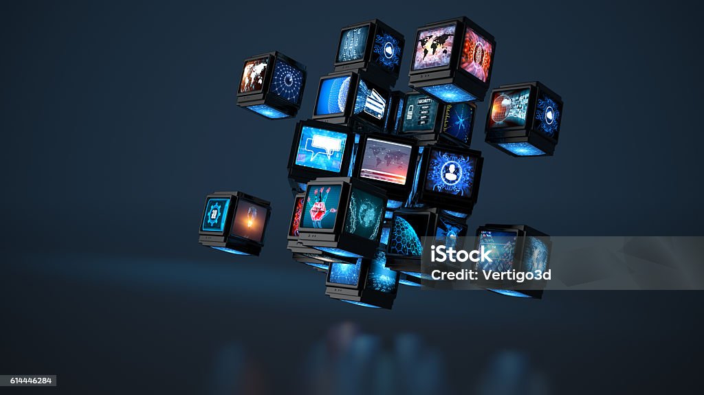 Media concept smart TV Digital Media concept cube of screens smart TV Television Industry Stock Photo