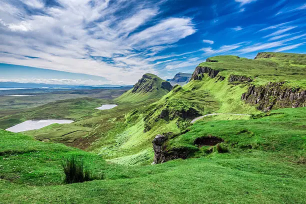 Stunning view from Quiraing to valley in Scotland at summer, United Kingdom