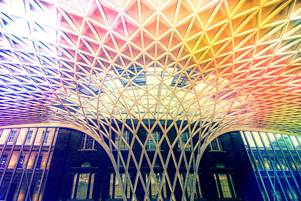 Ceiling architecture of London Kings Cross railway station concourse, UK.  