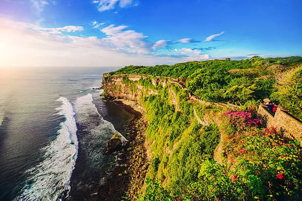 Wide Agnle view of Cliff at Uluwatu Temple on Sunset in Bali, Indonesia, Southeast Asia, Asia.