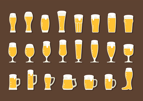 Vector flat icon beer with foam in beer mugs and glasses